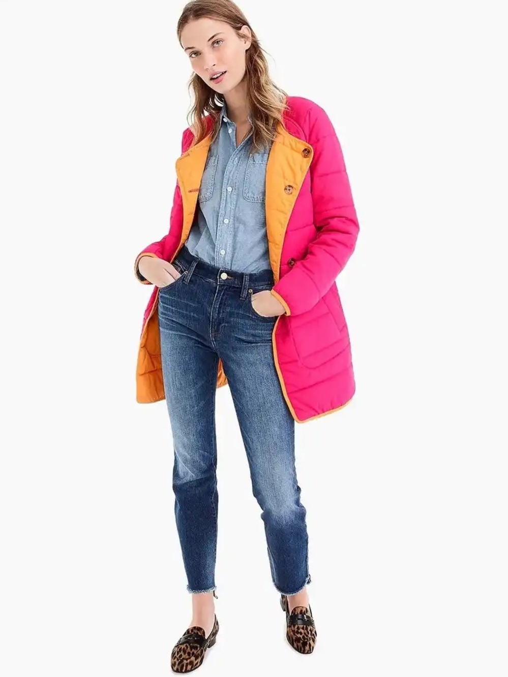 J. Crew Pink Reversible Puffer Coat with Orange Lining